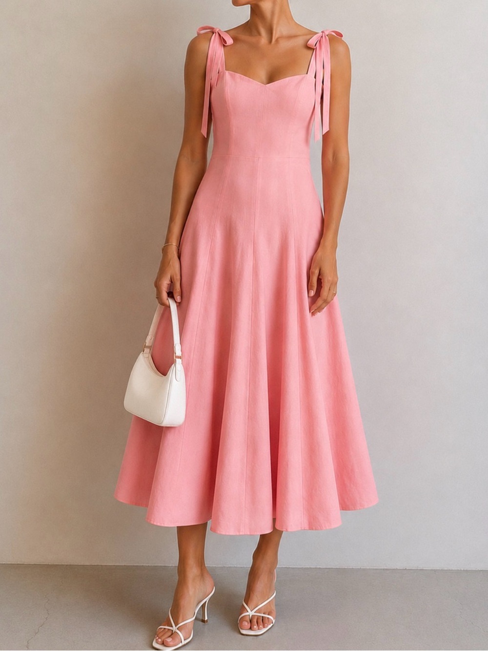 Commense Pink Midi Dress with Tie Shoulder Straps